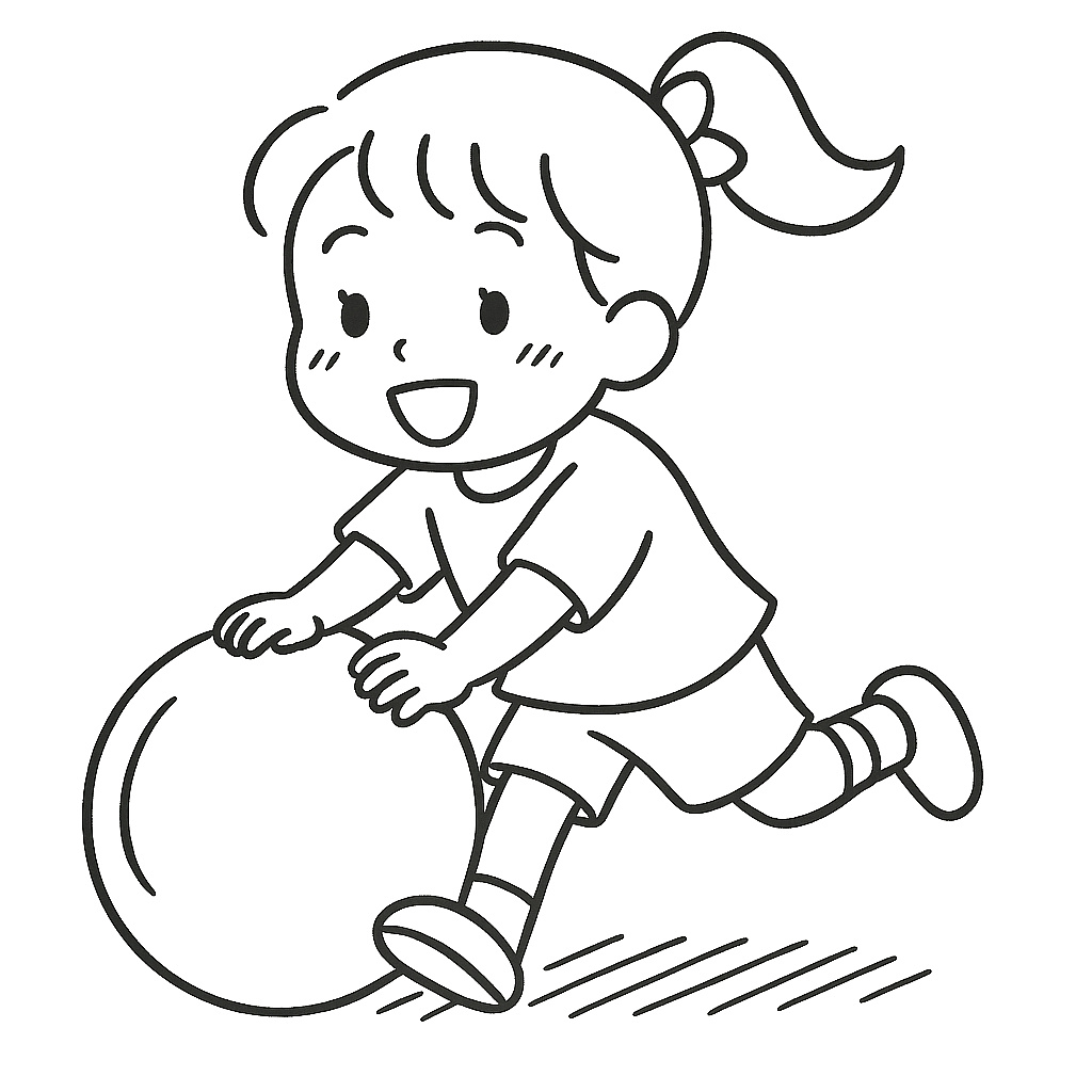 女の子がボールで遊んでいる 線画イラスト 背景透明